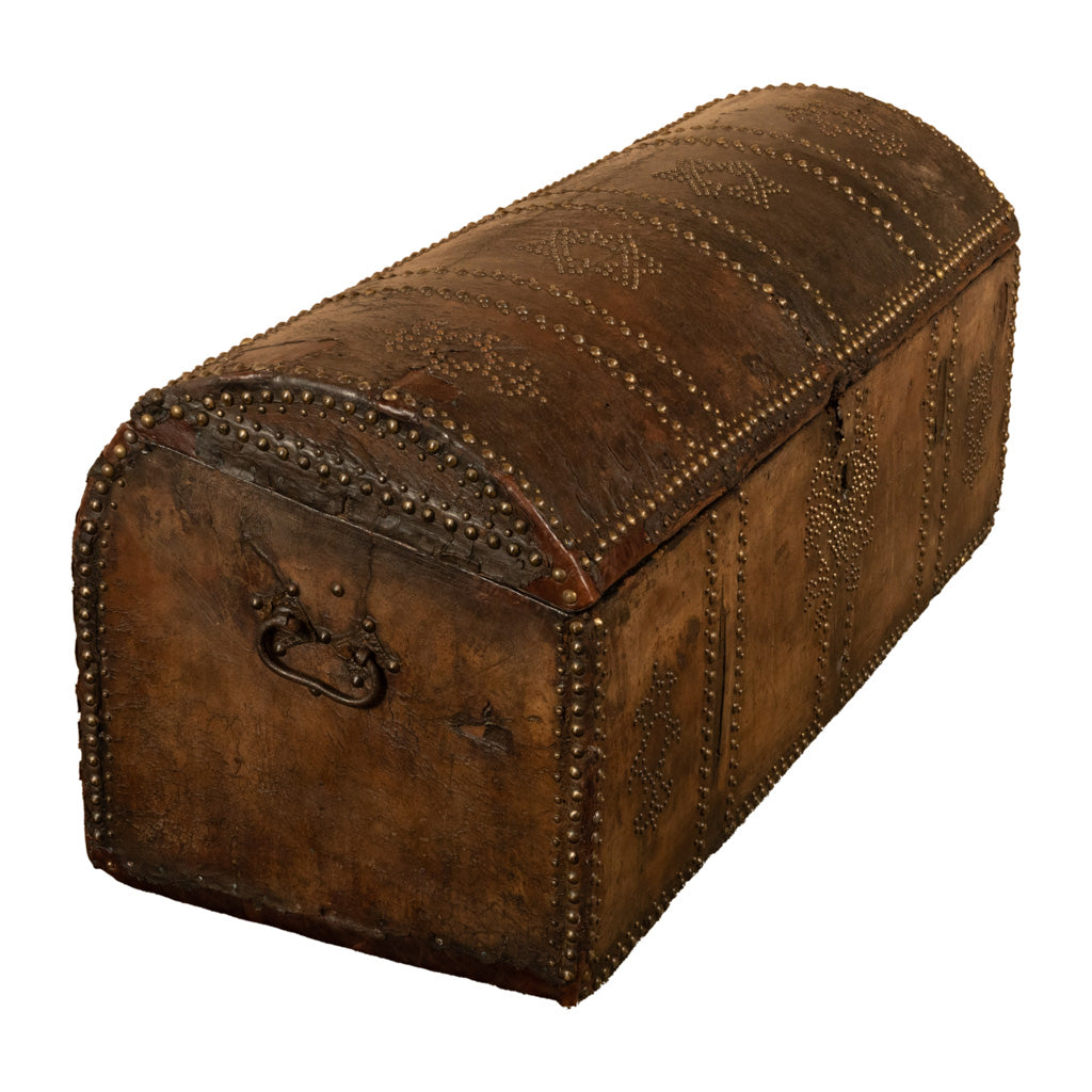 Antique 17th Century Italian Leather and Pine & Brass Stud Work Carriage Chest Trunk 1680