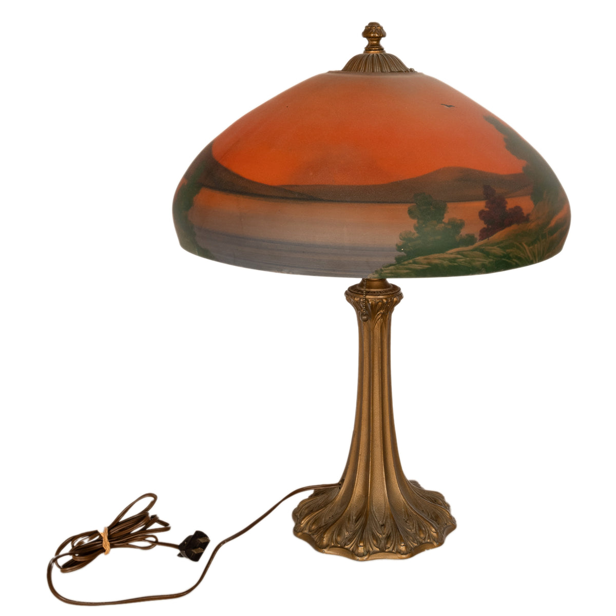 Antique American Pittsburgh Reverse Painted Glass Bronze Table Lamp Signed 1920