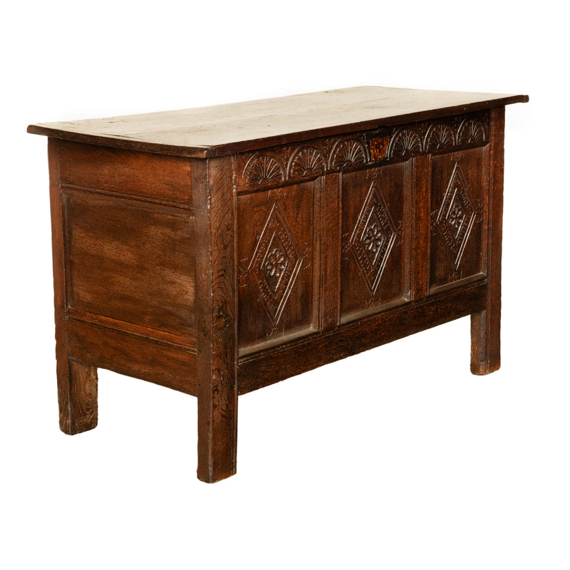Antique English 17th Century Charles II Carved Oak Coffer Panelled Chest 1680