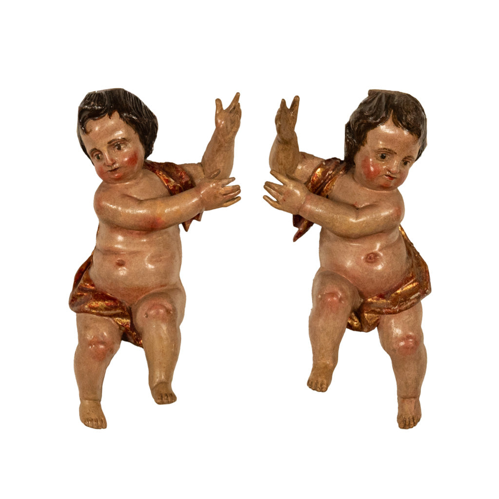 Pair Antique 18thC Italian Baroque Carved Polychrome Putti Angels Statues 1700