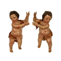 Pair Antique 18thC Italian Baroque Carved Polychrome Putti Angels Statues 1700