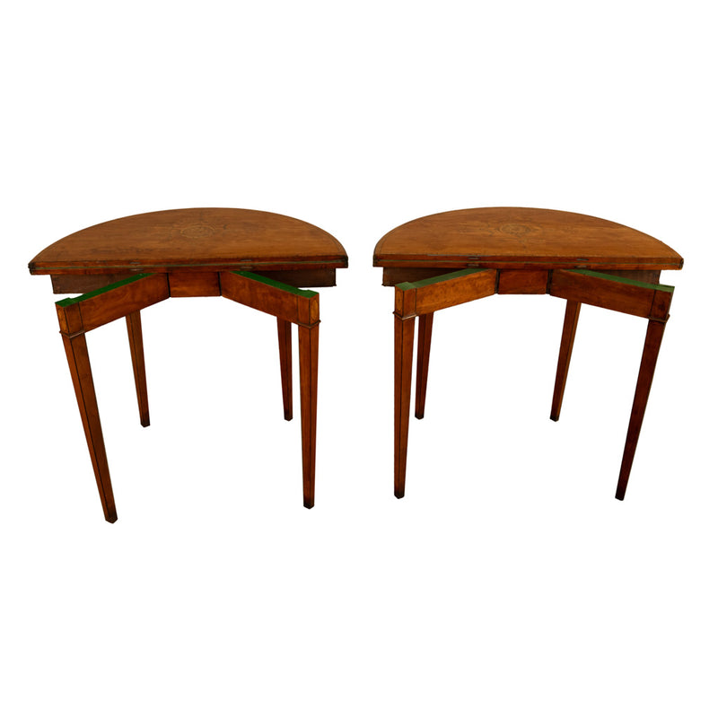 Antique Pair of Georgian Demi-lune Inlaid Mahogany & Stainwood Card Tables 1780 Ex-Christies