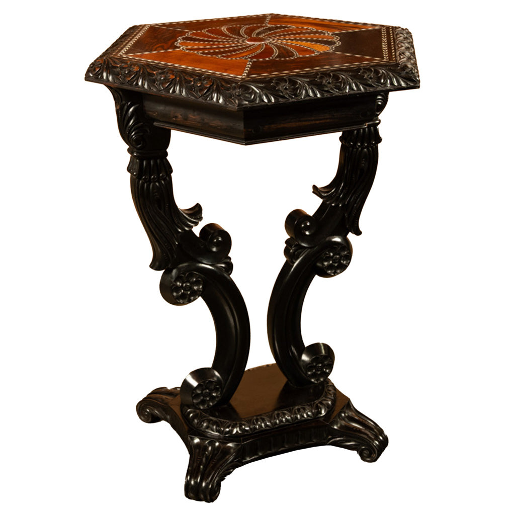 Antique Ceylonese Carved Rosewood Ebony Ivory Silver Specimen Inlaid Table 1850