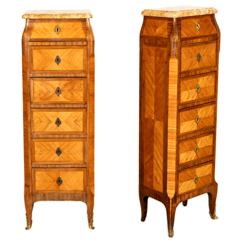 Antique Pair French Louis XV Chiffonier Marble & Kingwood Tall Lingerie Chests Circa 1880