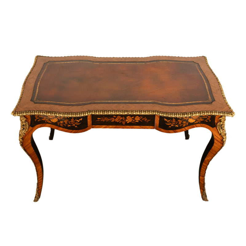 Antique French Louis XV Tulipwood Marquetry Ormolu Bureau Plat Writing Table Circa 1880