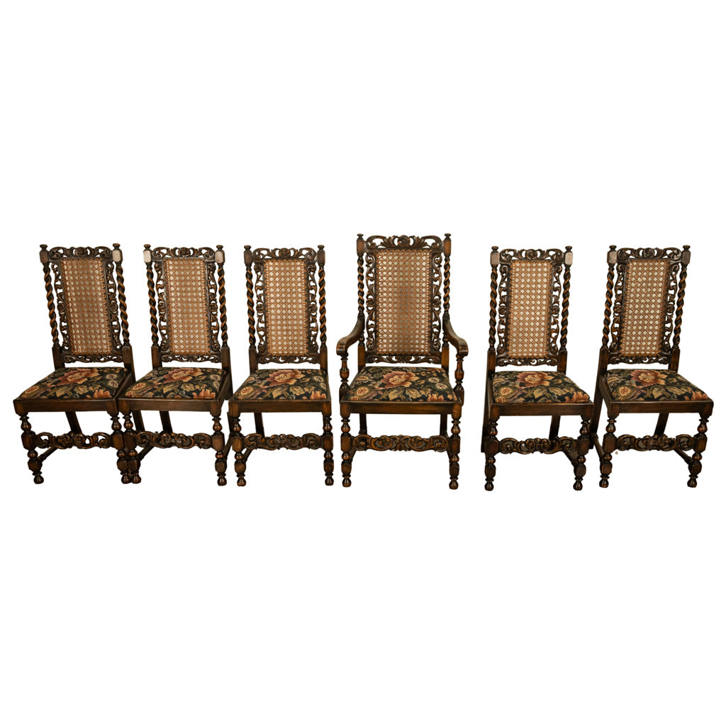 Antique 19thC Set 6 Carved Caned Jacobean Barley Twist Walnut Dining Chairs 1870