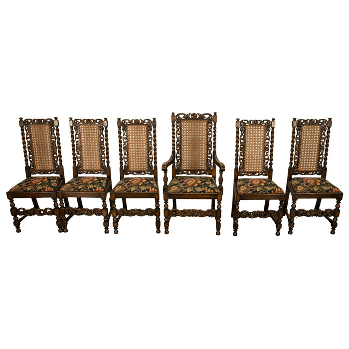 Antique 19thC Set 6 Carved Caned Jacobean Barley Twist Walnut Dining Chairs 1870