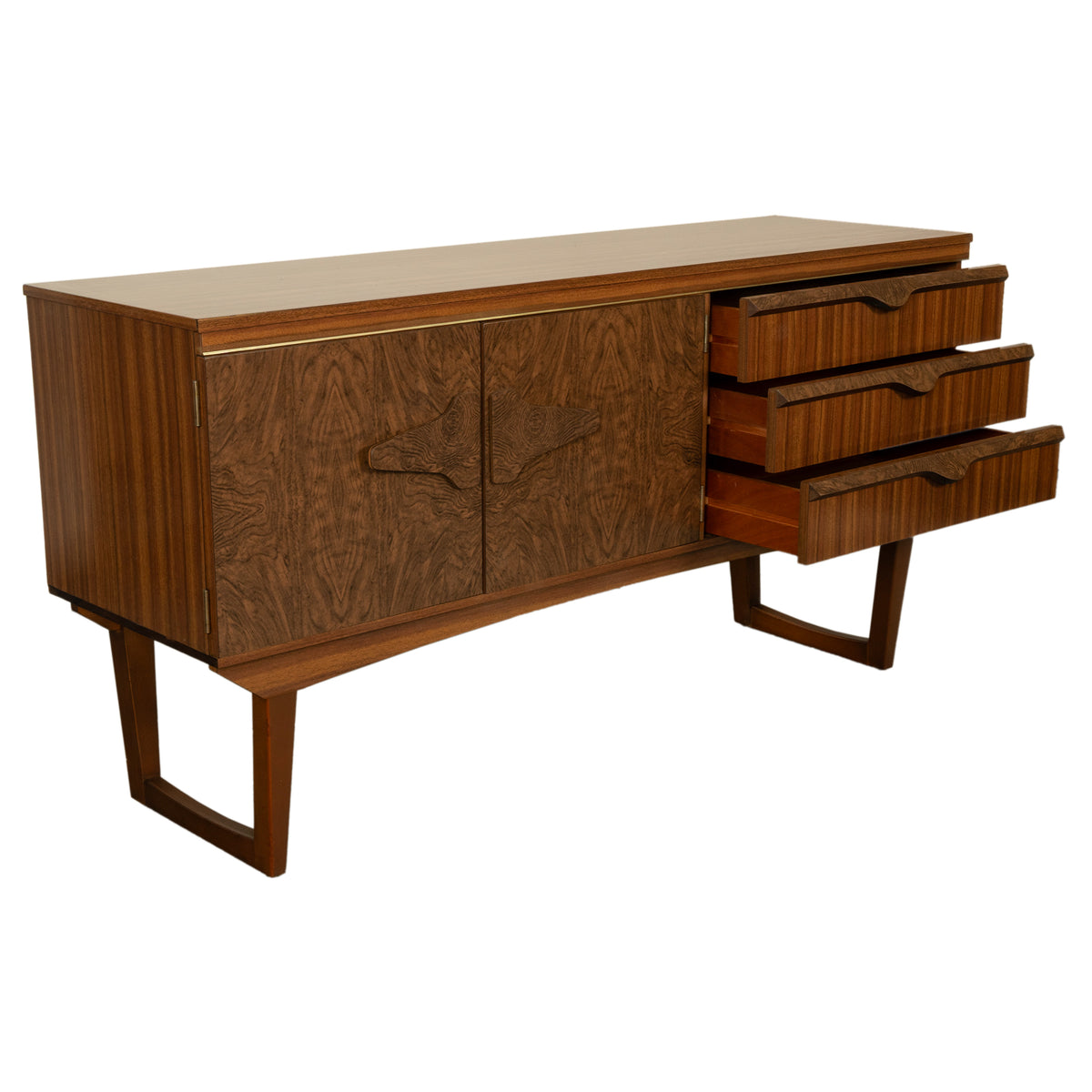 Mid Century Modern Danish Style Compact Zebra Wood Teak Credenza Sideboard 1960