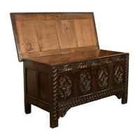 Antique 17th Century Jacobean Charles II Dark Oak Carved Coffer Chest 1680