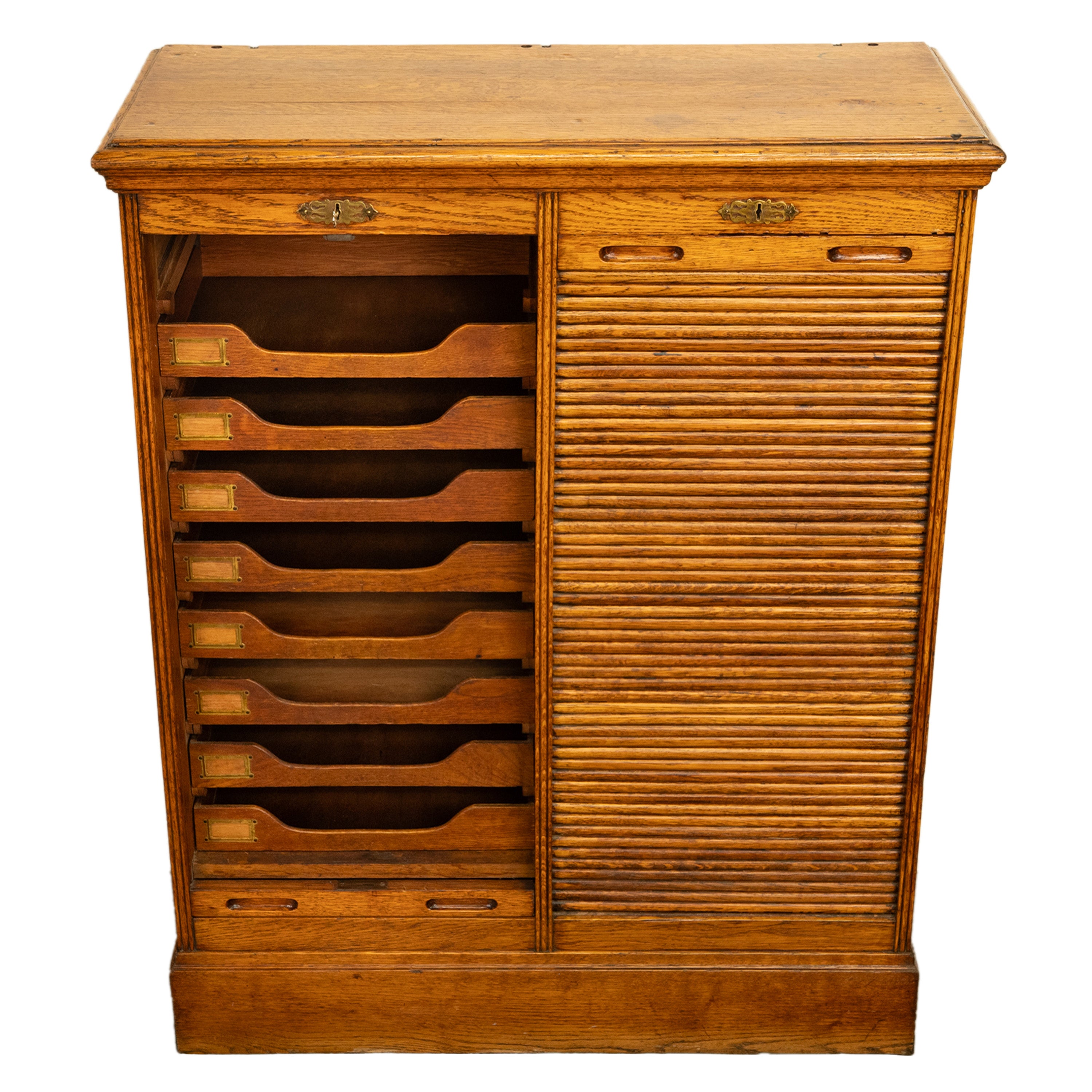 Antique American Oak Double Tambour Roll Top 16 Drawer Filing