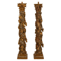 Antique Pair 17th Century Baroque Carved & Gilded Solomonic Columns Italy 1680