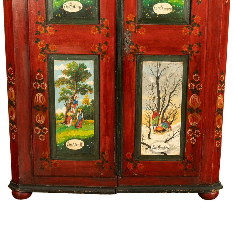 Antique 19th Century German Painted Cabinet Wedding Armoire "Four Seasons" 1850