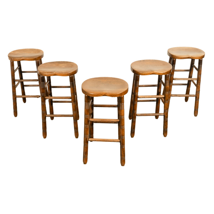 Antique Set of Five Antique Arts & Crafts Turned Elm Bar Sadle Seat Stools 1900