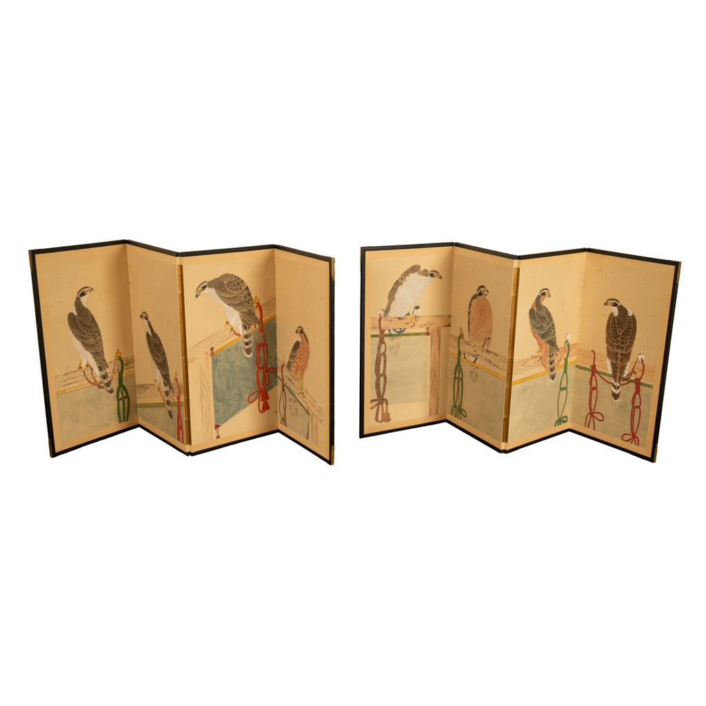Pair Antique Japanese Edo Falcon Hawk Birds of Prey Takagari Screens 1880