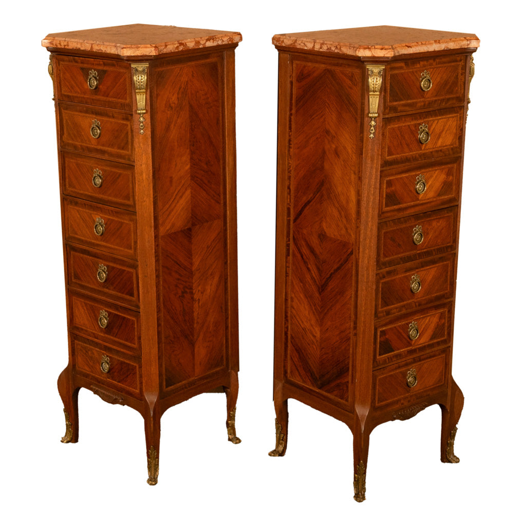 Pair Antique French Semainier Ormolu Inlaid Lingerie Marble Chests Dressers 1900