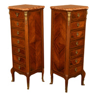 Pair Antique French Semainier Ormolu Inlaid Lingerie Marble Chests Dressers 1900