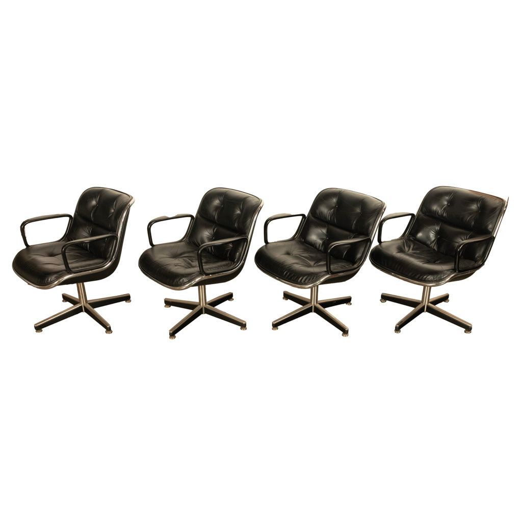 Set of 4 Mid Century Modern Charles Pollock Knoll Black Leather Executive Chairs, 1963
