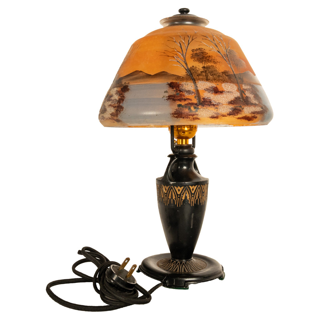 Antique Art Deco Moe Bridges Reverse Painted Landscape Boudoir Table Lamp 1920