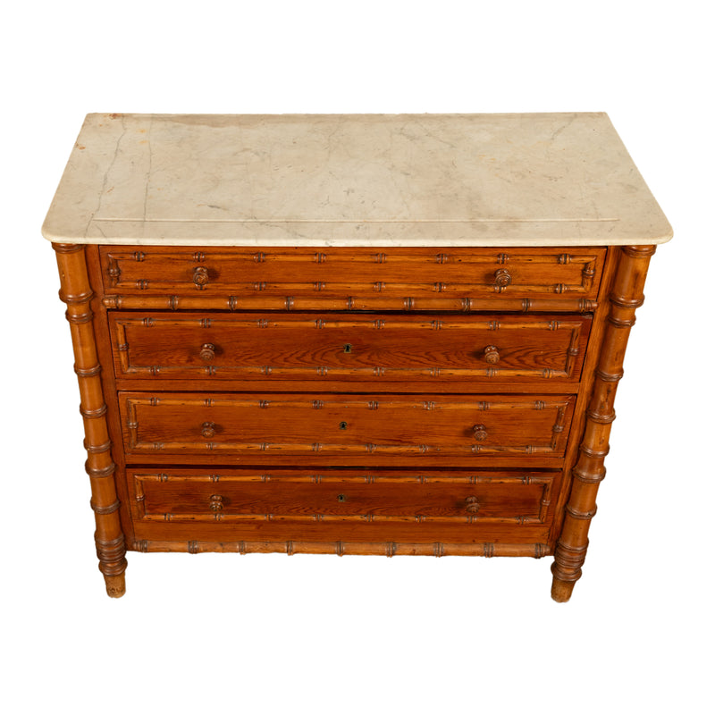 Antique 19th Century French Faux Bamboo Pine White Marble Chest Drawers Commode Circa 1880