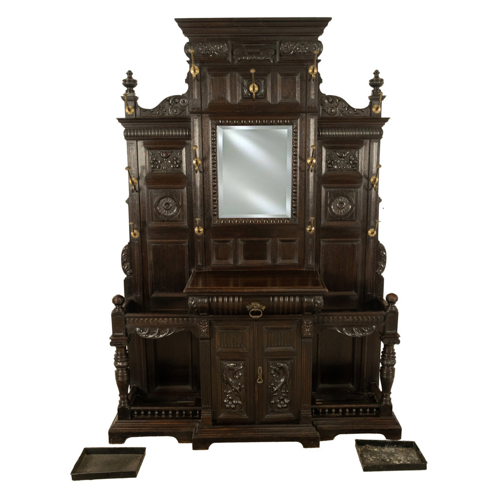 Antique Monumental Renaissance Revival Carved Oak Hall Tree Stand Mirror 1890