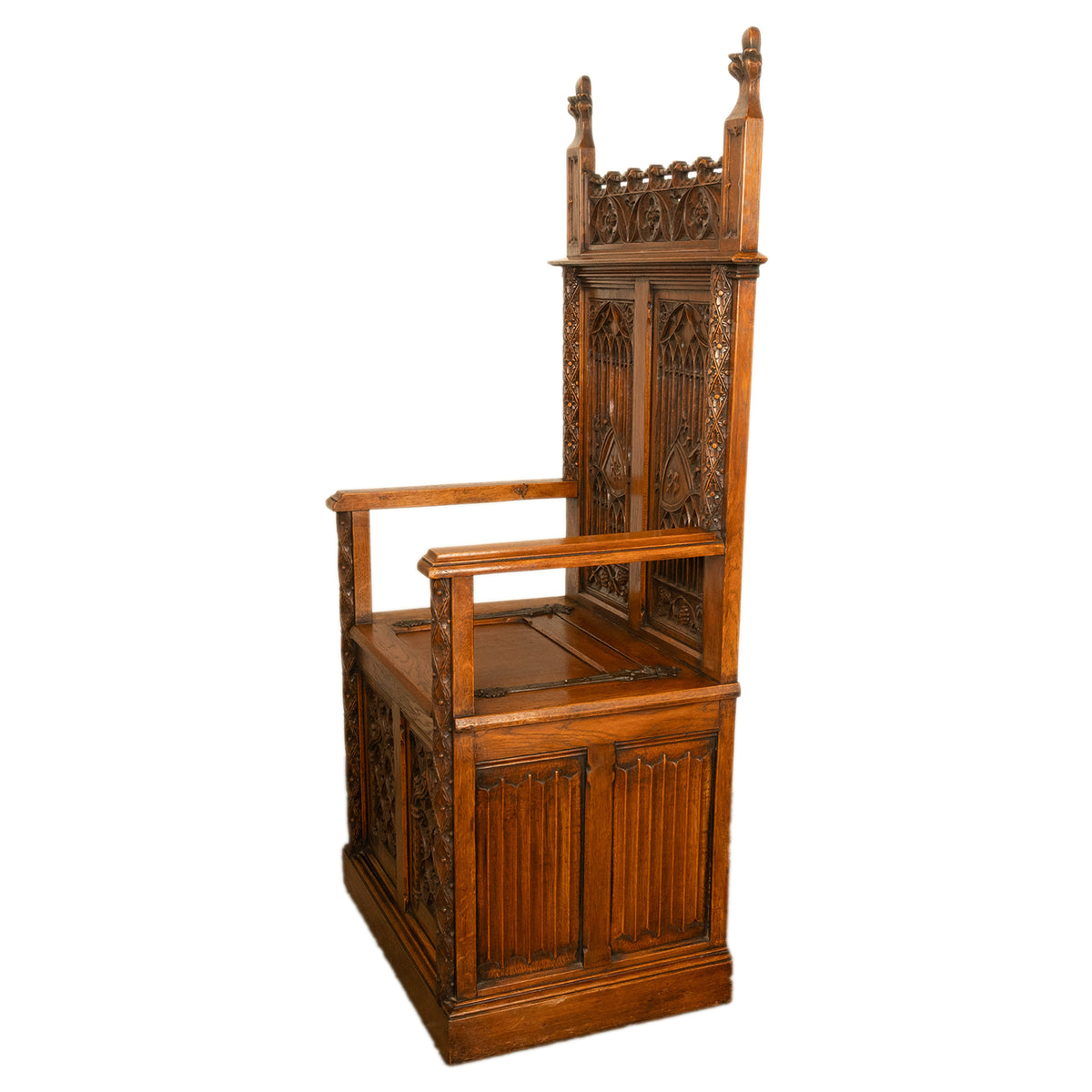 Antique 19thC French Carved Oak Gothic Revival Throne Storage Chair Seat 1880