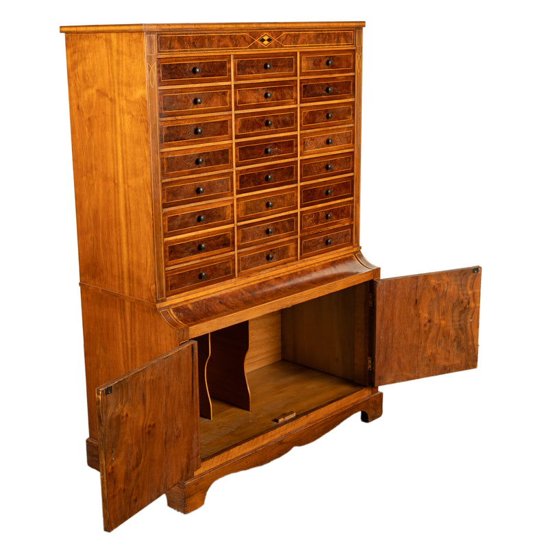 Antique Art Deco Inlaid Marquetry Burl Walnut 24 Drawer Filing Collectors Cabinet Circa 1920