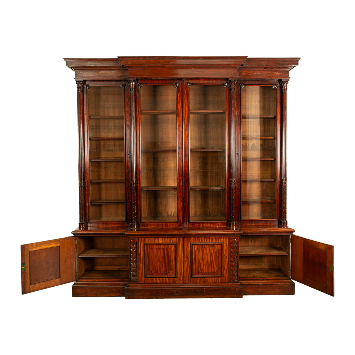 Monumental Antique Irish Carved Mahogany Breakfront Bookcase Bibliotheque 1850