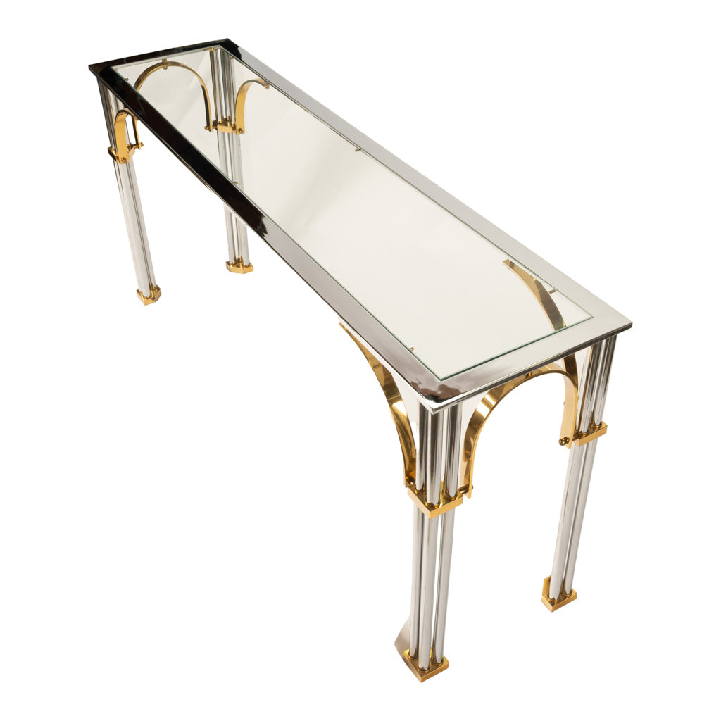 Mid Century Modern Chrome & Brass Glass Console Sofa Table by John Vesey 1960s