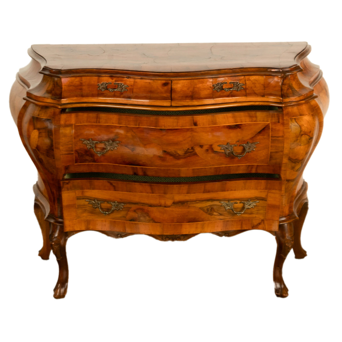 19th Century Italian Antique Inlaid Walnut Bombe Louis XV Venetian Commode 1880