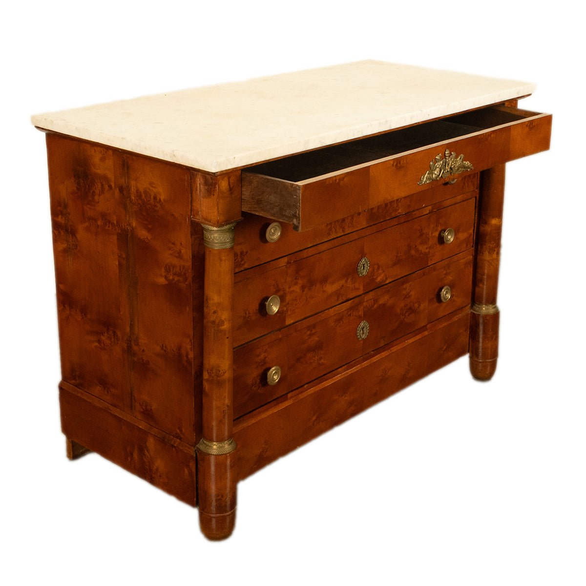 Antique 19th Century French Empire Burl Walnut Marble Ormolu Chest Drawers Commode 1810