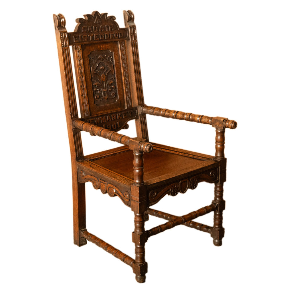 Antique Welsh Carved Oak Eisteddfod Bardic Chair Newmarket Trelawnyd Wales 1901