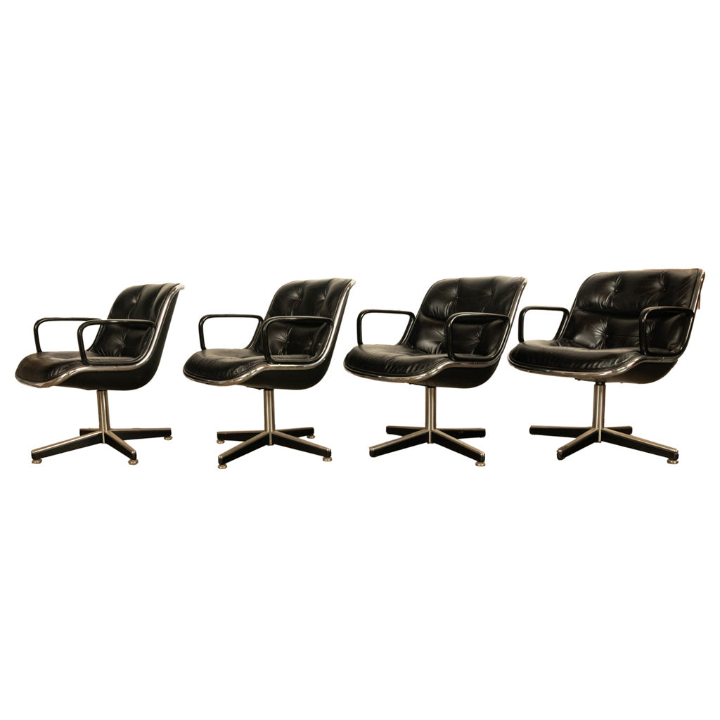 Set of 4 Mid Century Modern Charles Pollock Knoll Black Leather Executive Chairs, 1963
