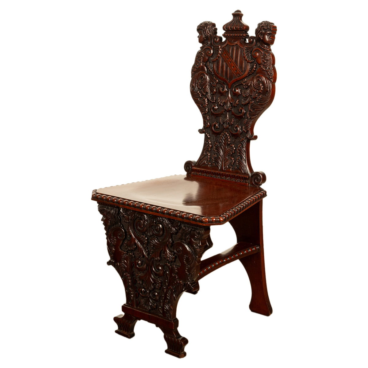 Antique Carved Italian Renaissance Revival Sgabello Chair Coat of Arms & Cherubs, 1870