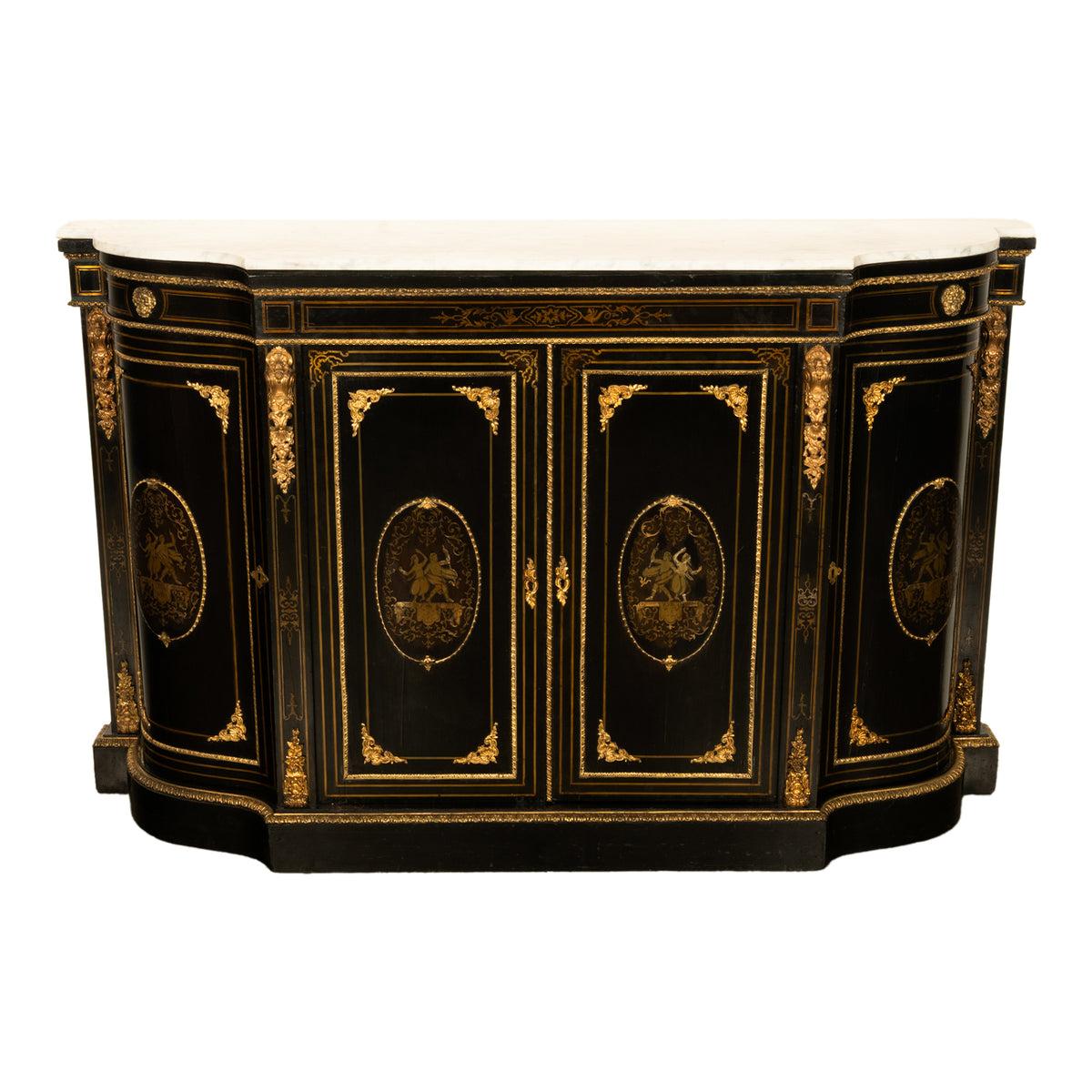 19th Century French Napoleon III Ormolu & Marble Ebonized Cabinet Sideboard 1860