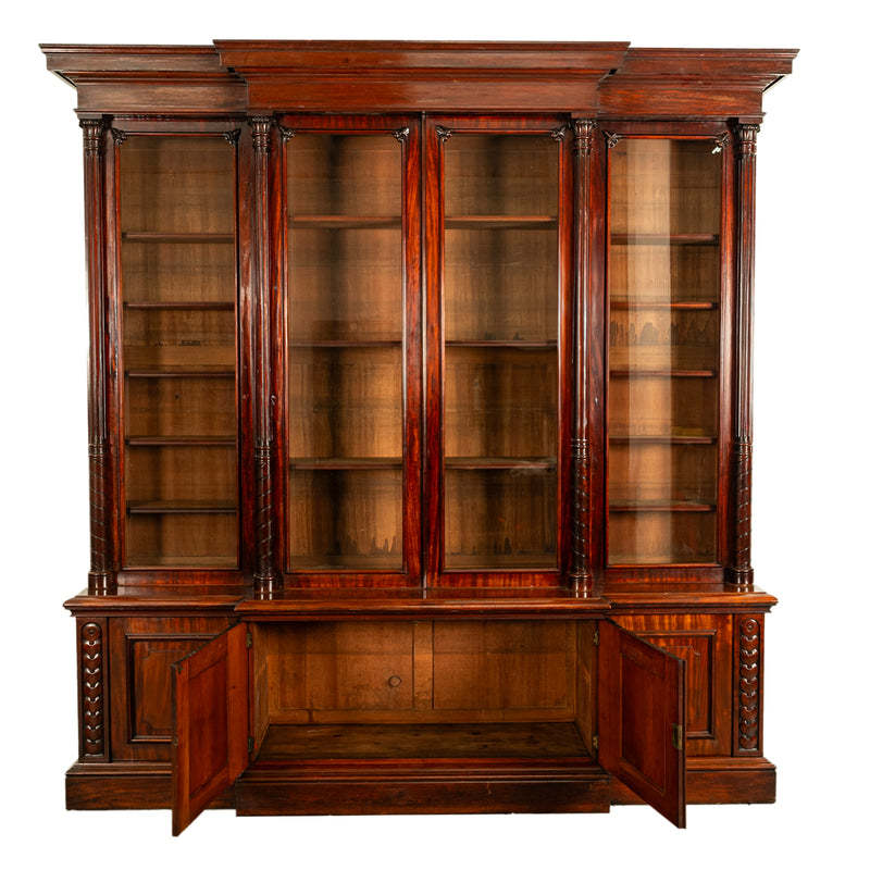 Monumental Antique Irish Carved Mahogany Breakfront Bookcase Bibliotheque 1850