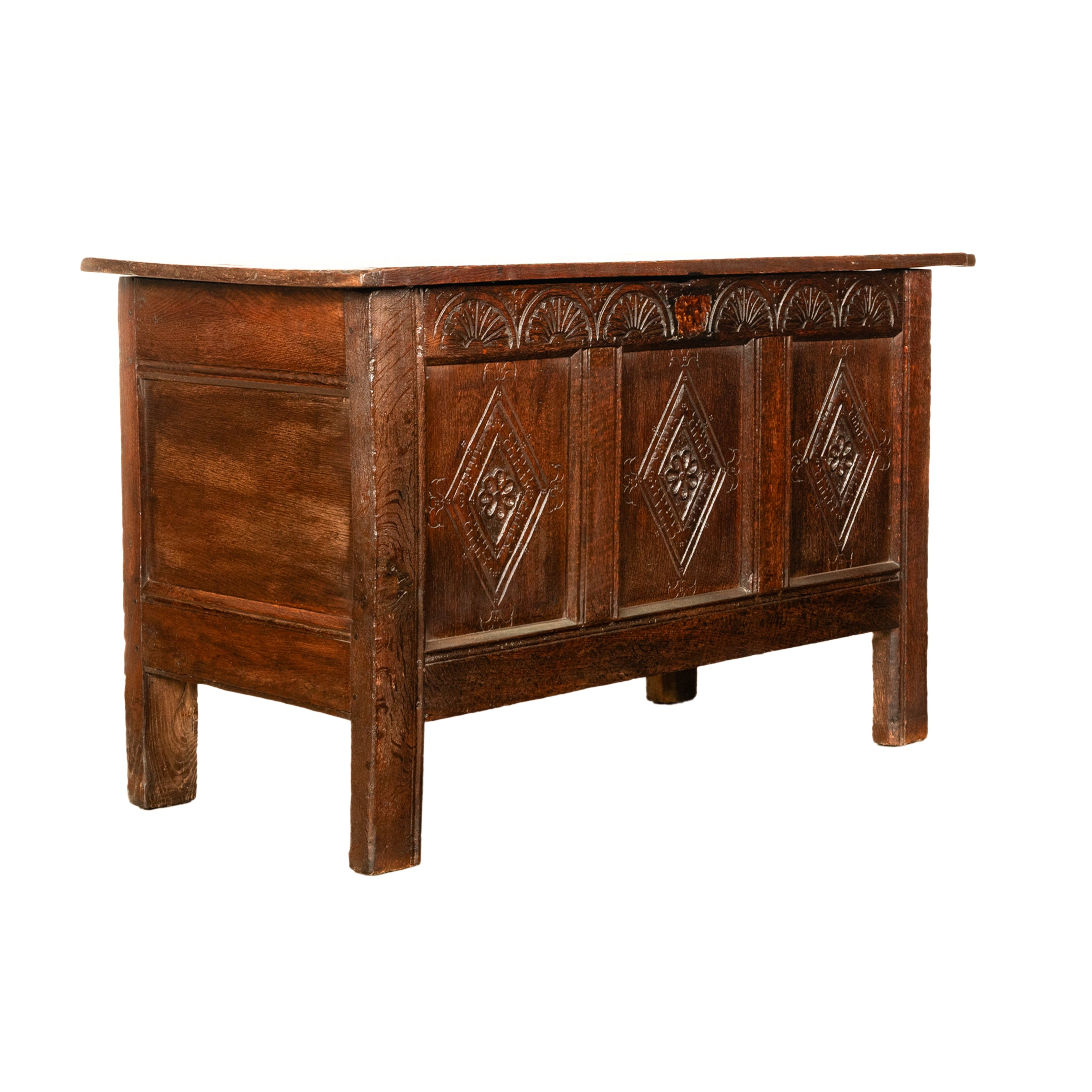 Antique English 17th Century Charles II Carved Oak Coffer Panelled