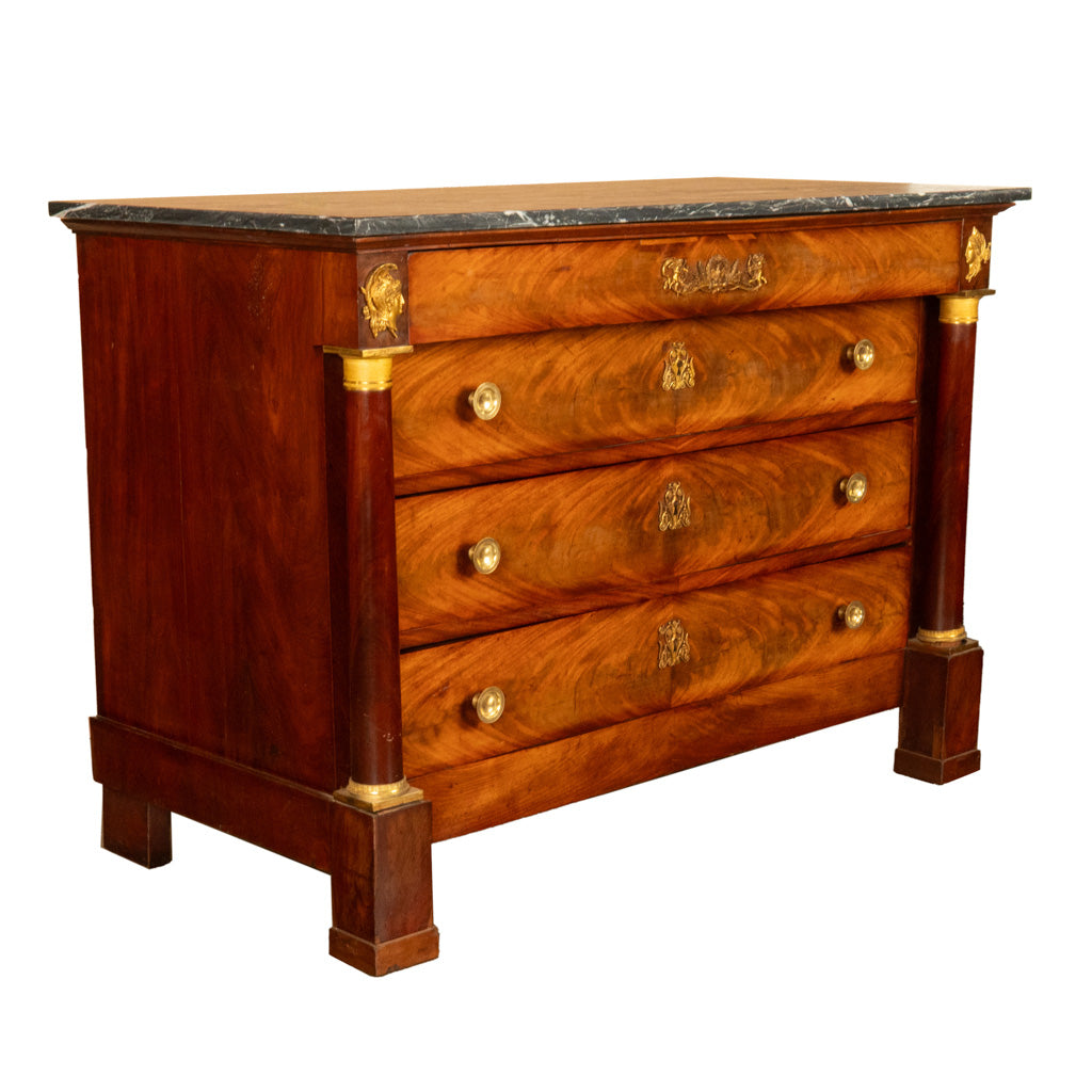 Antique French Empire Mahogany Marble Top Ormolu Commode Chest of Drawers 1810