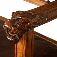 Antique Renaissance Revival Carved Walnut & Leather Hall Window Bench Italy 1880