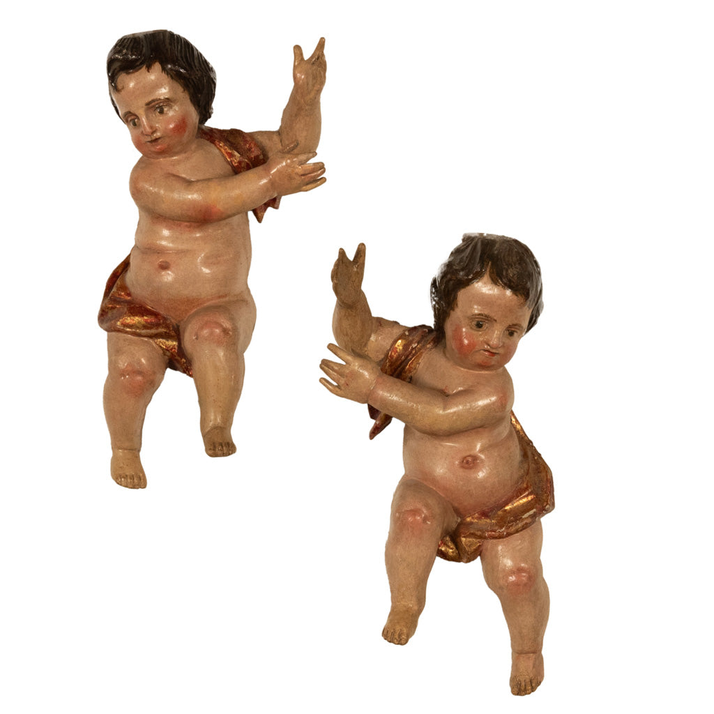 Pair Antique 18thC Italian Baroque Carved Polychrome Putti Angels Statues 1700