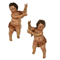 Pair Antique 18thC Italian Baroque Carved Polychrome Putti Angels Statues 1700