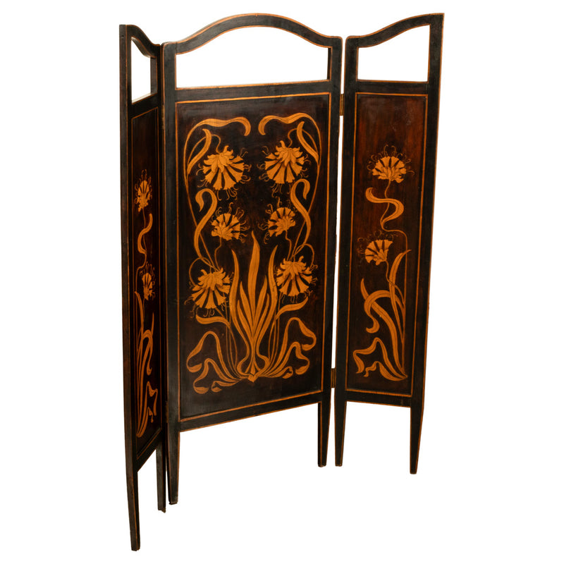Antique Art Nouveau Mahogany Painted Fire Folding Screen Liberty Co London 1900