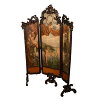 Antique French Rococo Oil Canvas Walnut Painting Landscape Cherubs Screen 1870