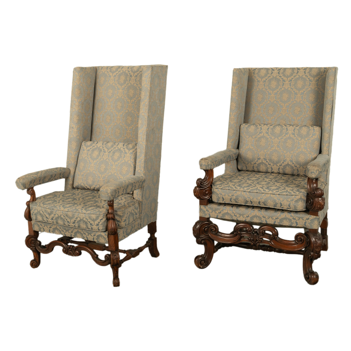 Pair 17th Century Style Carolean Carved Walnut Throne Wing Back Armchairs 1860