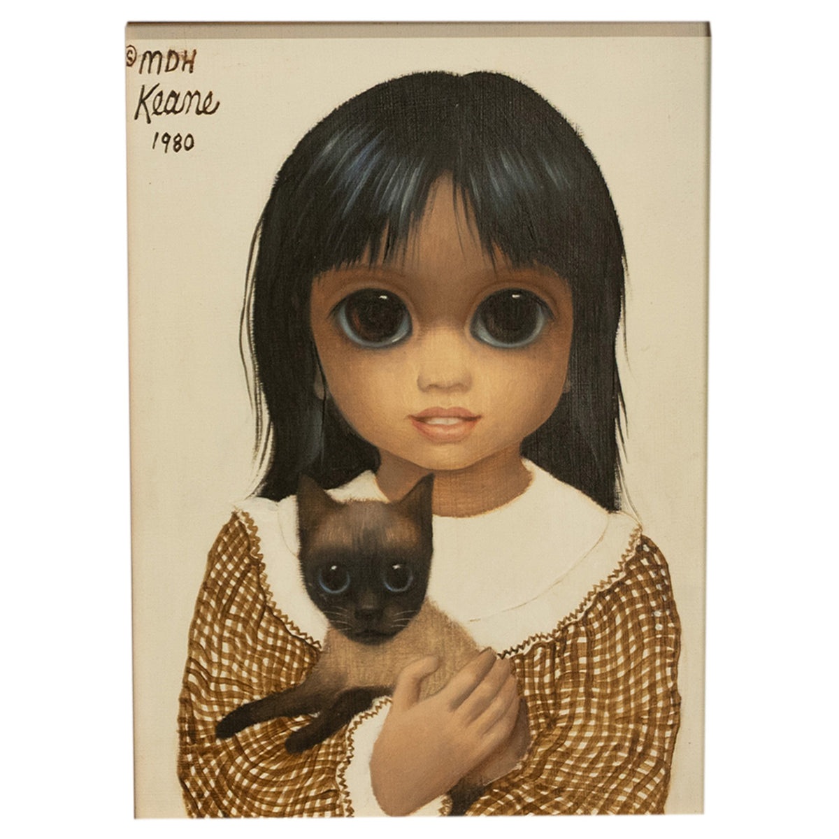 Authentic Oil Painting on Panel "Big Eyes" Beautiful Young Girl with Siamese Cat by Margaret Keane, 1980