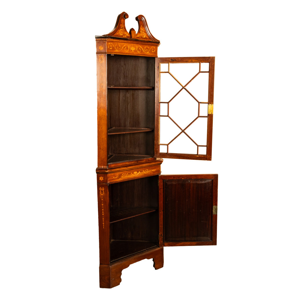 Antique Edwardian Regency Revival Inlaid Marquetry Mahogany Corner Cabinet 1890