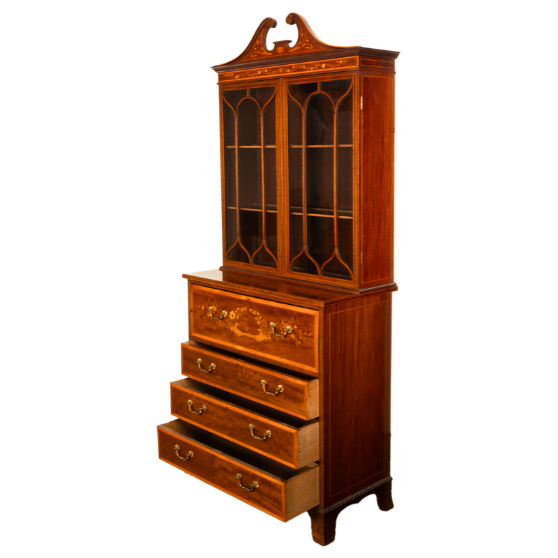 Antique Georgian Sheraton Marquetry Mahogany Bureau Bookcase Butler's Secretary Circa 1810