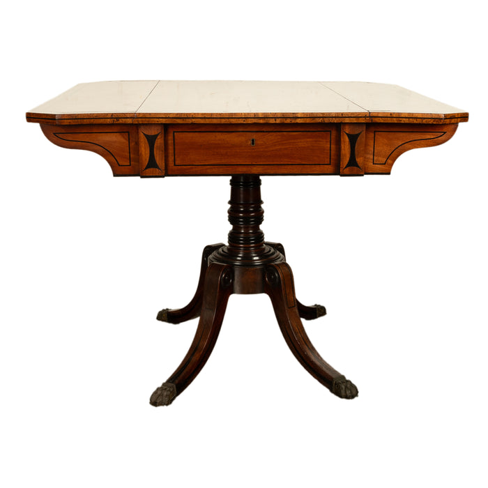 Antique Georgian Regency Inlaid Ebony Mahogany Pembroke Drop Leaf Pedestal Table 1810