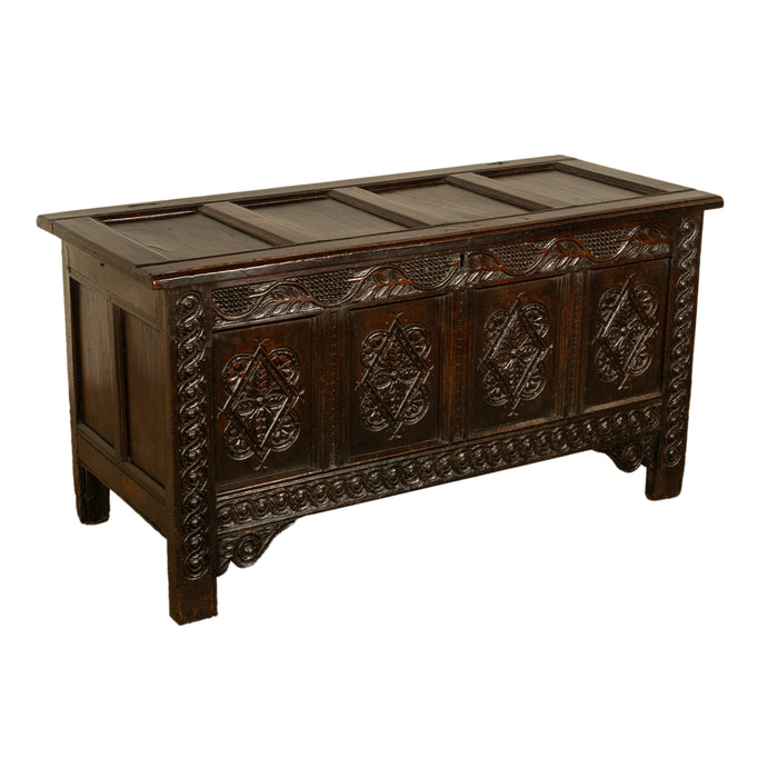 Antique 17th Century Jacobean Charles II Dark Oak Carved Coffer Chest 1680