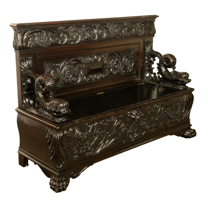 Antique Italian Renaissance Revival Carved Walnut Hall Bench Chest Dolphins 1870