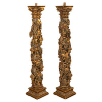 Antique Pair 17th Century Baroque Carved & Gilded Solomonic Columns Italy 1680